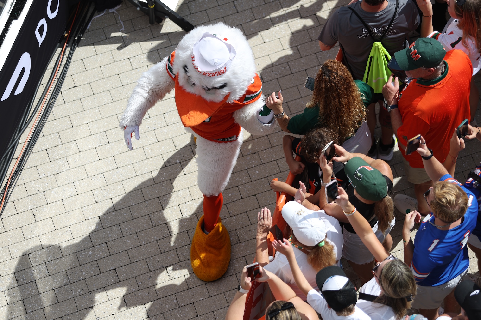overhead view of UM mascot Sebastian the Ibis greeting fans