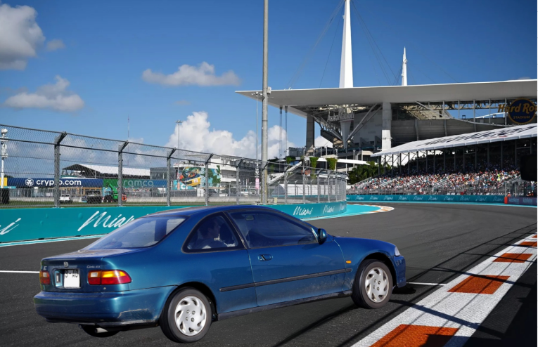 Photo-illustration of a '94 Honda Civic on the Miami Grand Prix circuit