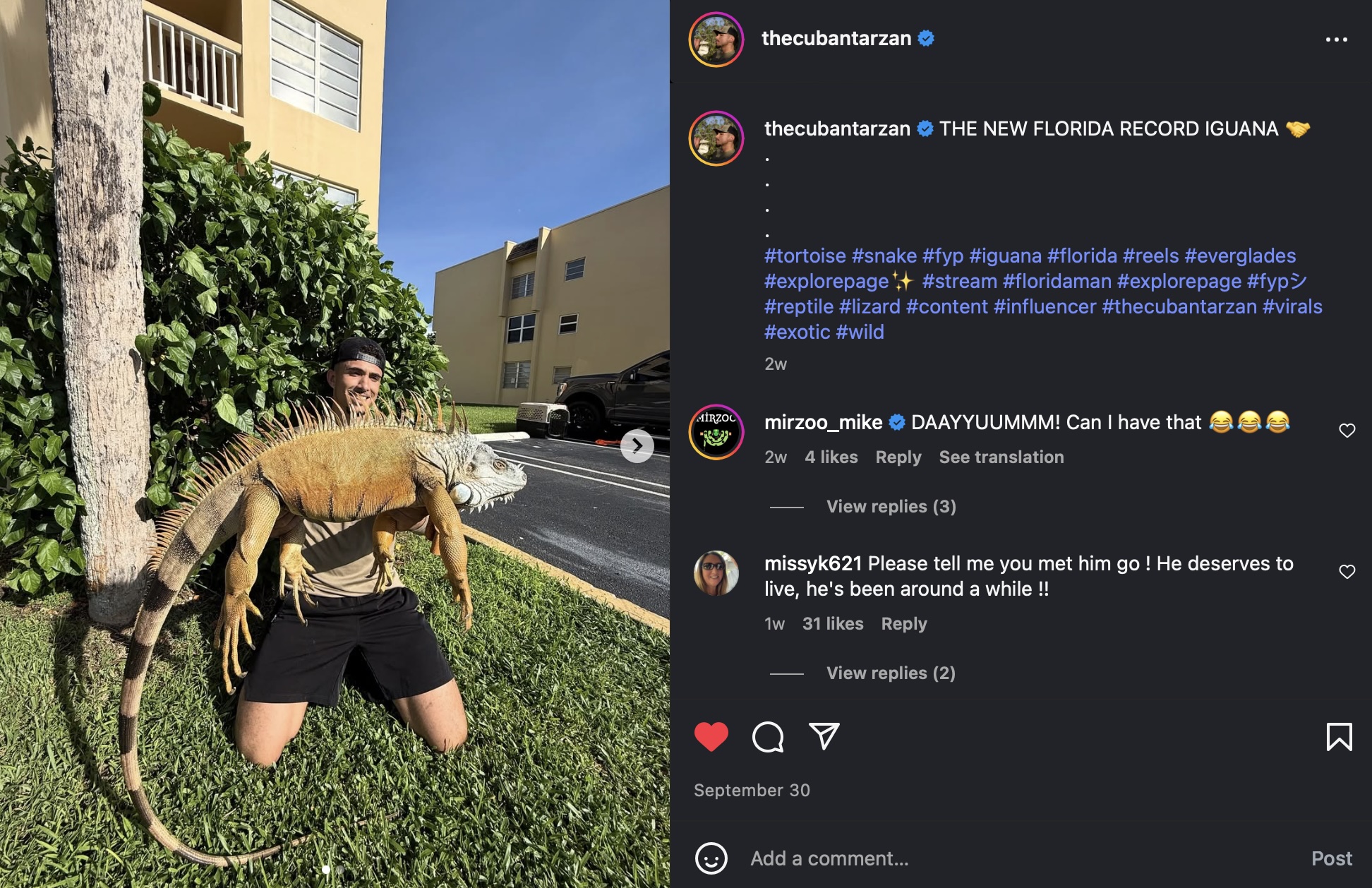 Depicted is a screenshot of an Instagram post showing Andrew Morales holding a giant iguana in both hands.