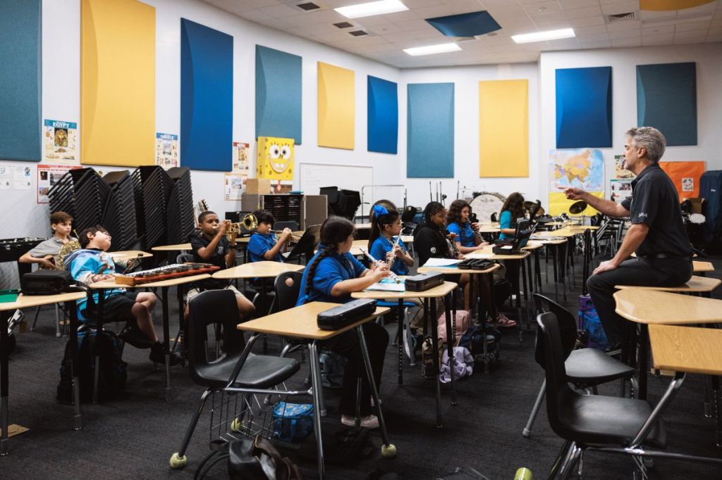 A group of students in a music class.  