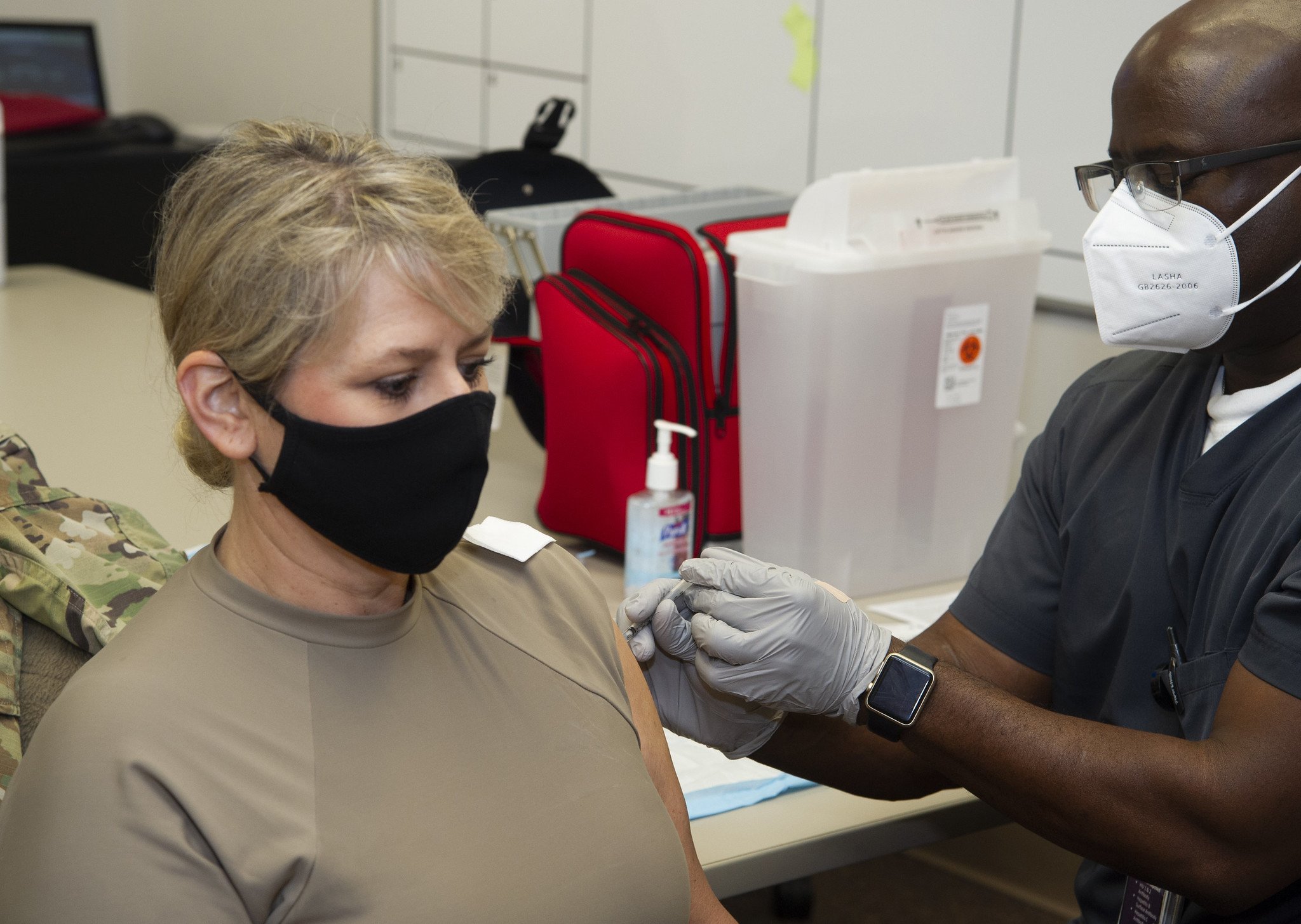 Brigadier General Caroline M. Miller , Commander 502 Air Base Wing receives the first of two COVID 19 vaccine shots, Brooke Army Medical Center, Joint Base San Antonio, Fort Sam Houston, Texas, 29 Jan 2021.