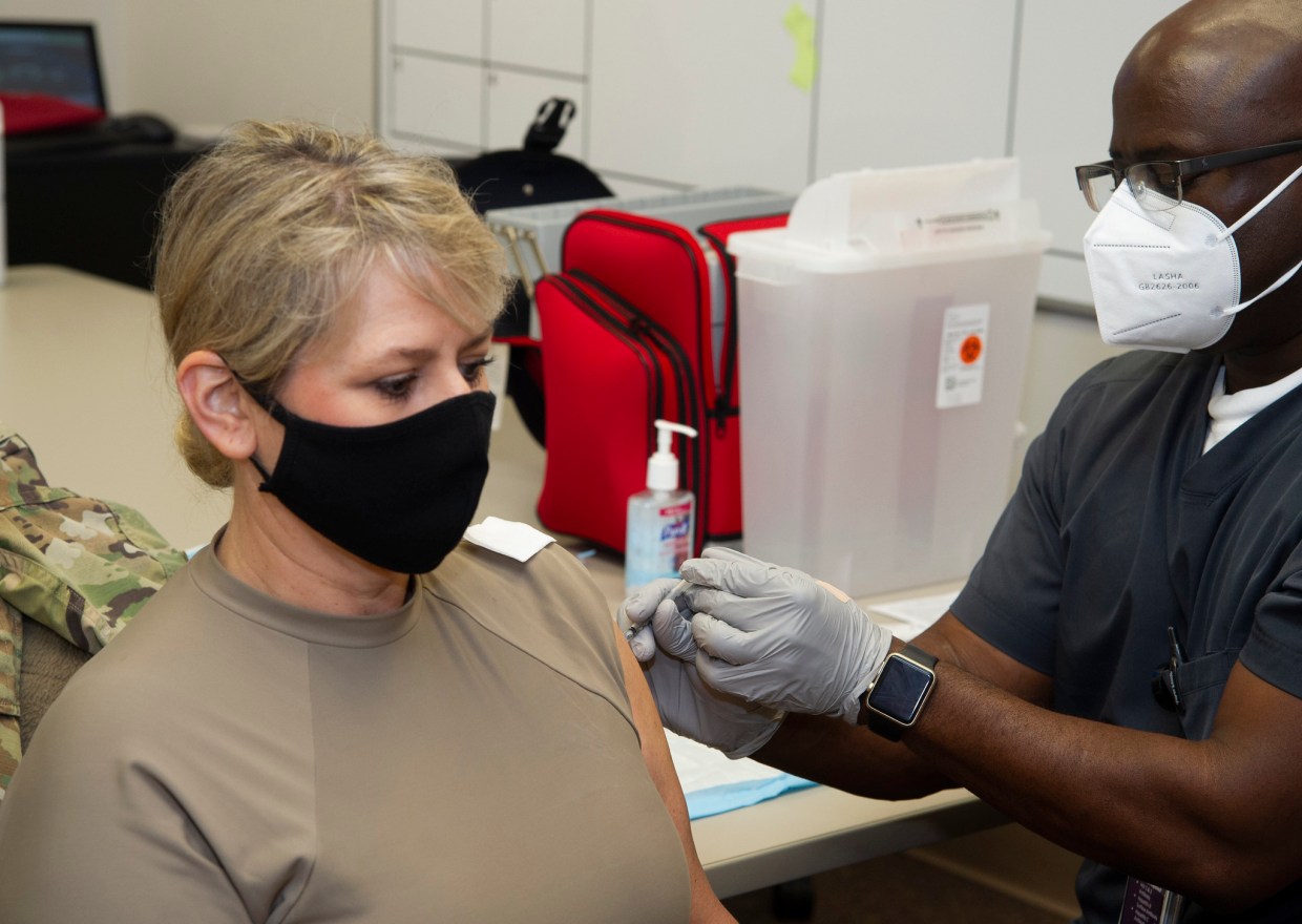 Brigadier General Caroline M. Miller , Commander 502 Air Base Wing receives the first of two COVID 19 vaccine shots, Brooke Army Medical Center, Joint Base San Antonio, Fort Sam Houston, Texas, 29 Jan 2021.