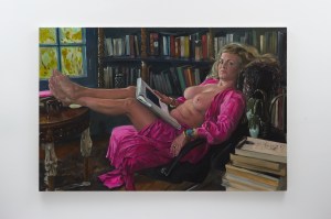 painting of a topless woman lounging in a library reading a book in a pink robe