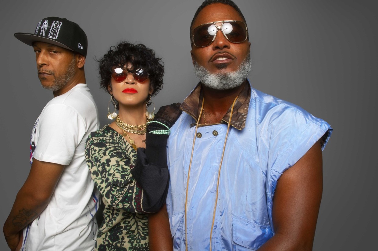 Digable Planets Portrait Session backstage Neptune Theater, Seattle Washington August 9, 2019. L to R: Craig "Doodlebug" Irving, Mariana "Ladybug Mecca" Vieira and Ishmael "Butterfly" Butler