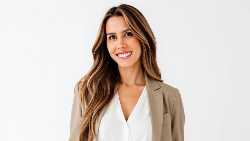 a long-haired woman in a blouse and blazer poses in front of a white backdrop