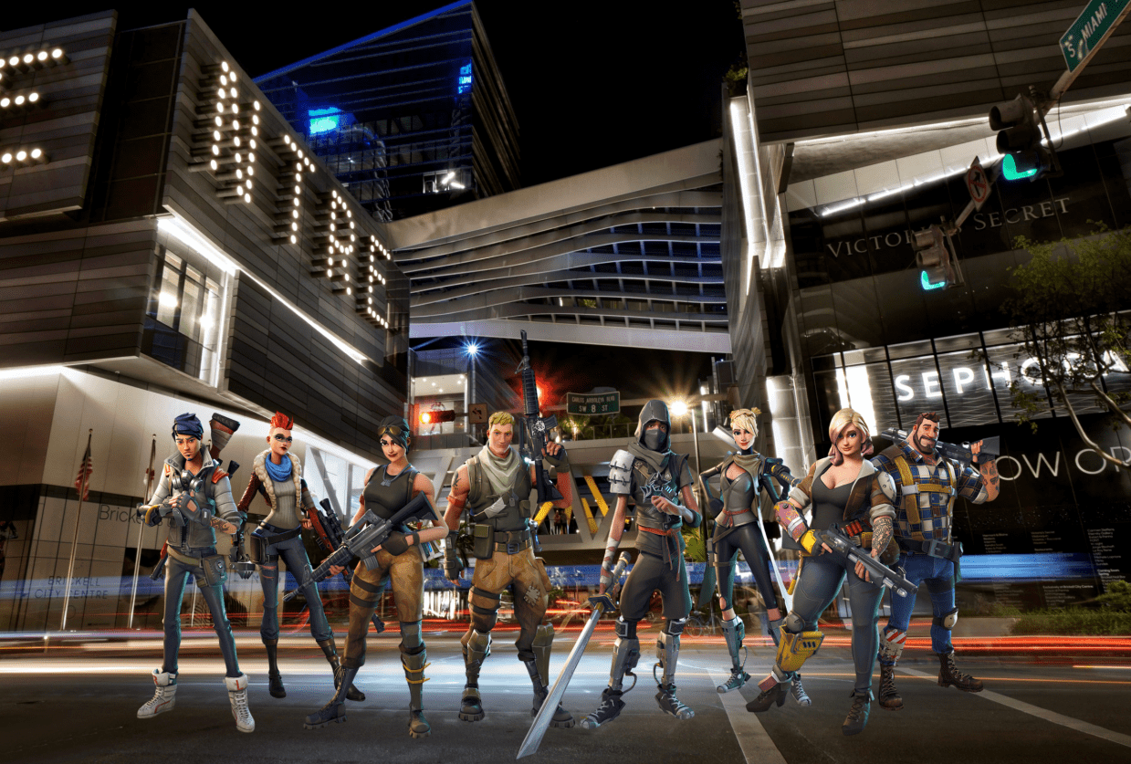 Depicted are cartoon video game characters collaged on top of a photo of Brickell City Center in Miami.