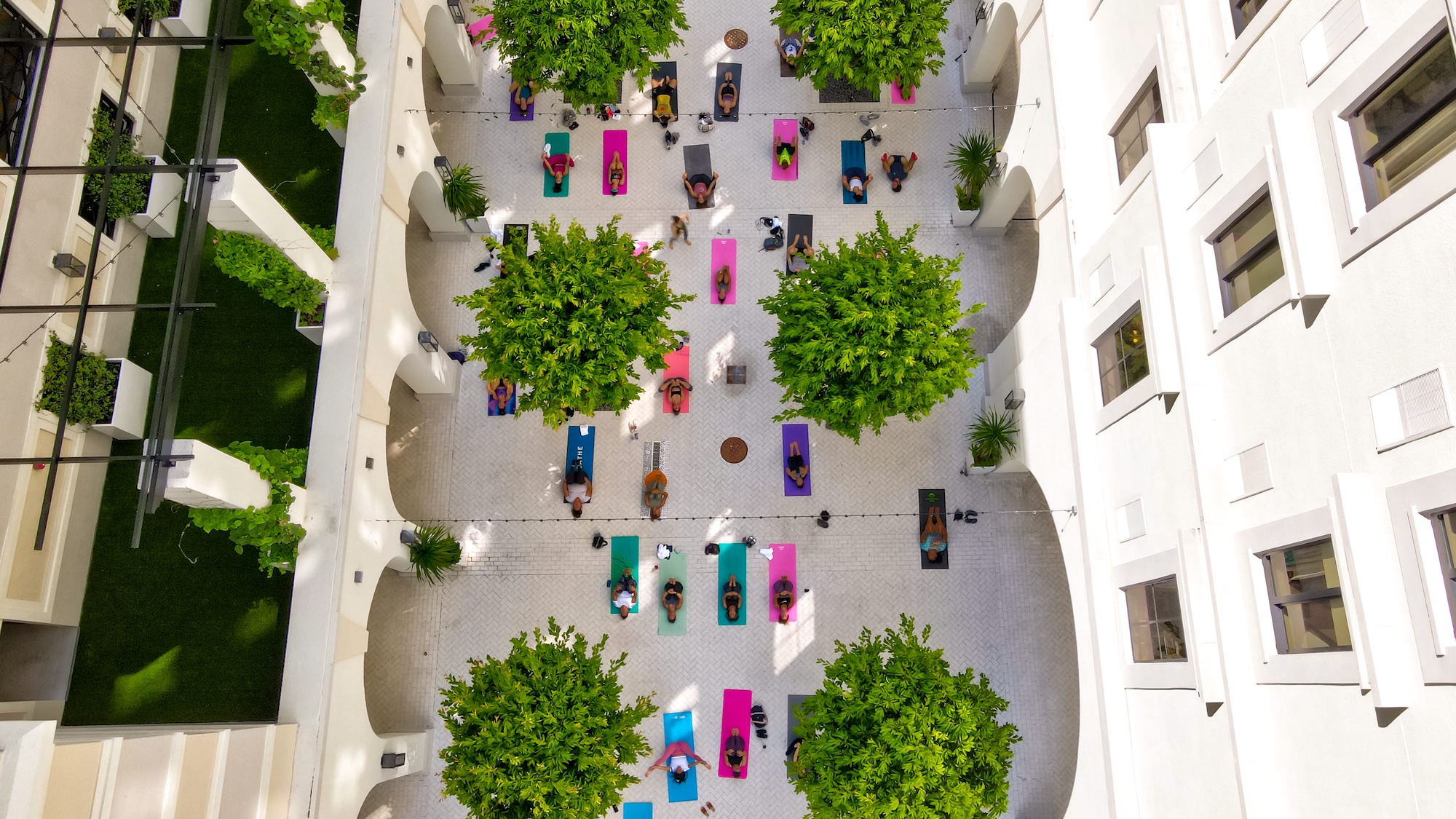 aerial view of yoga students doing a class in the tree-lined courtyard of a hotel
