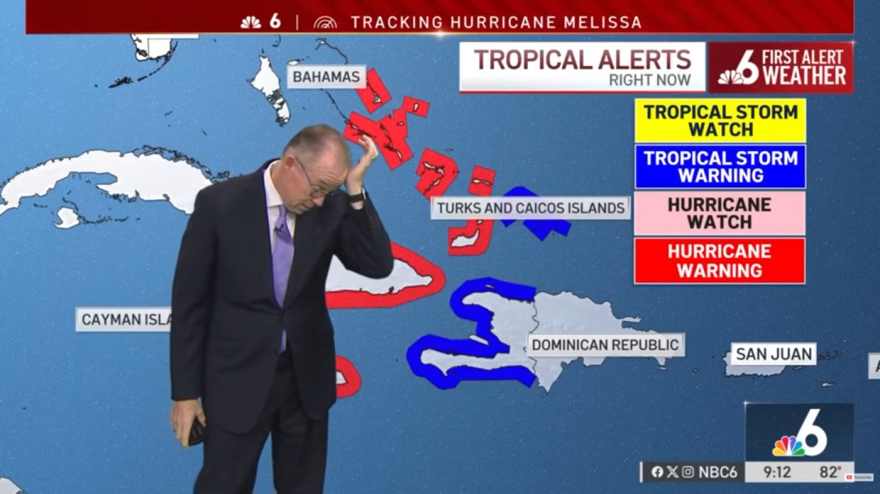 John Morales with his hand on his forehead as he stands in front of his "Tracking Hurricane Melissa" screen with the Caribbean.