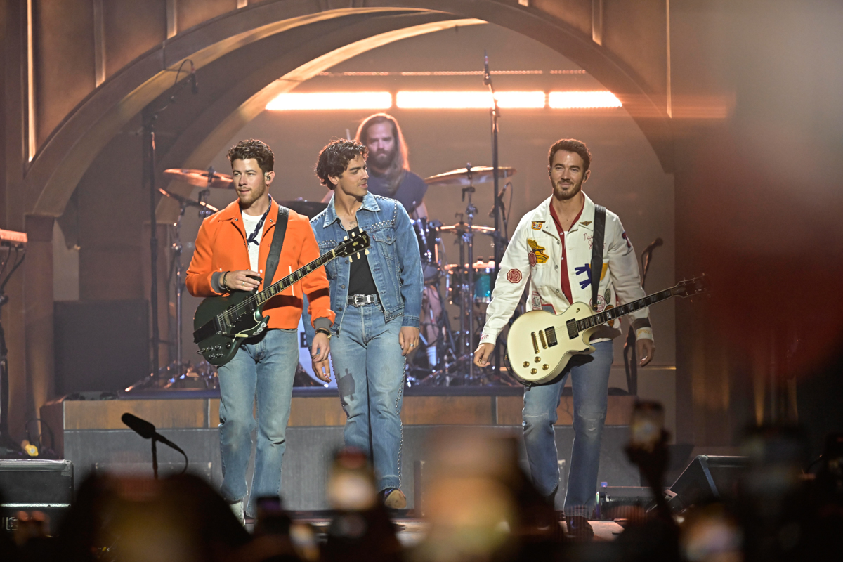 Jonas Brothers perform on stage during the JONAS20: Greetings from Your Hometown Tour at Amerant Bank Arena on Oct. 24, 2025 in Sunrise, Florida.