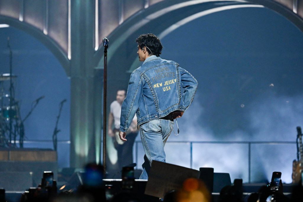 Jonas Brothers perform on stage during the JONAS20: Greetings from Your Hometown Tour at Amerant Bank Arena on Oct. 24, 2025 in Sunrise, Florida.