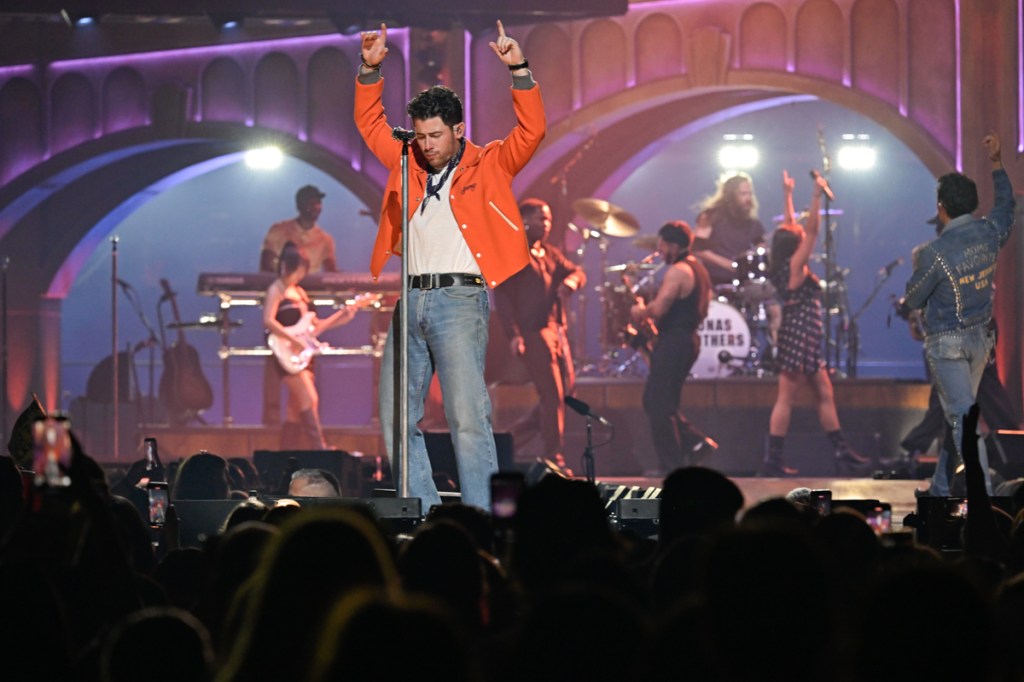 Jonas Brothers perform on stage during the JONAS20: Greetings from Your Hometown Tour at Amerant Bank Arena on Oct. 24, 2025 in Sunrise, Florida.