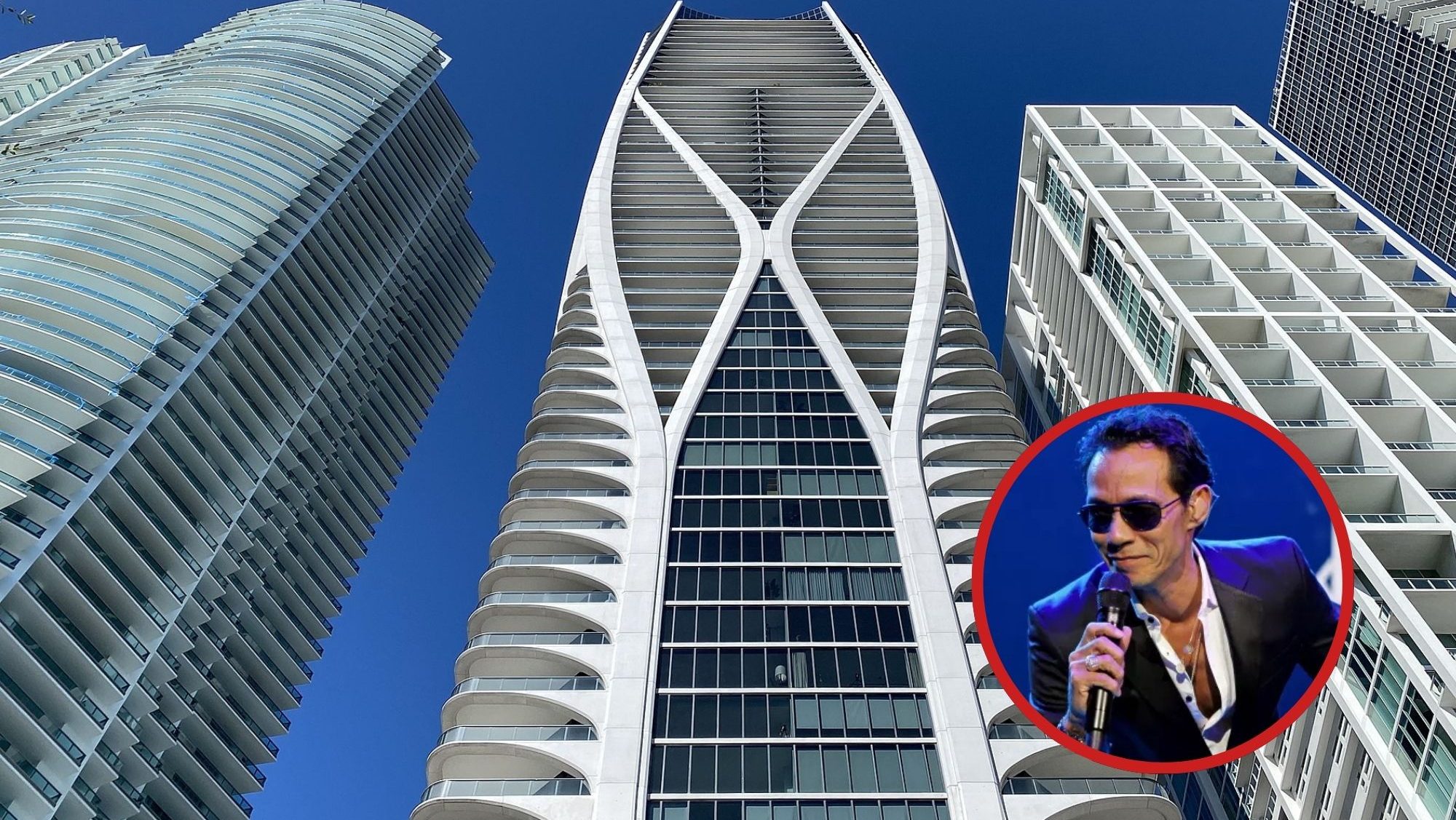 Picture of the Miami building One Thousand Museum next to a headshot of Marc Anthony.
