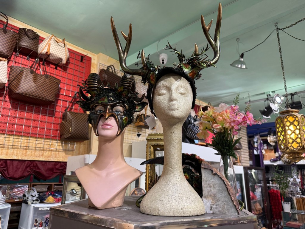 two mannequin heads with horned face masks inside a costume store