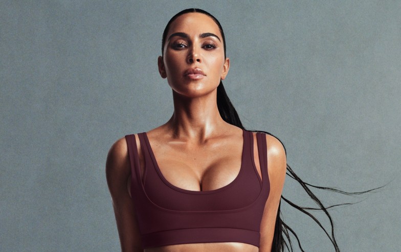 portrait of Kim Kardashian in a tight ponytail and athleisure