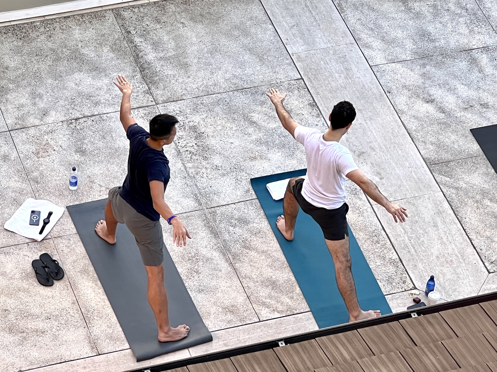 view from above of two men doing warrior poses on yoga mats