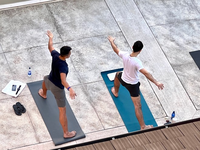 view from above of two men doing warrior poses on yoga mats