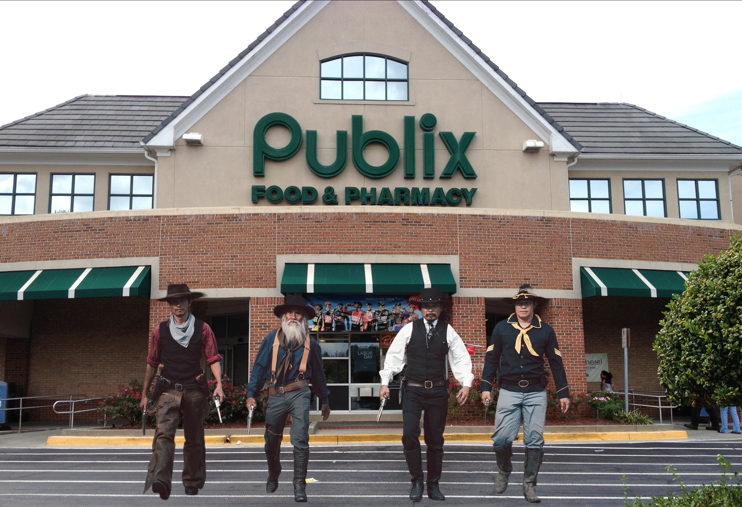 A photoshopped image of cowboys leaving a Publix store.