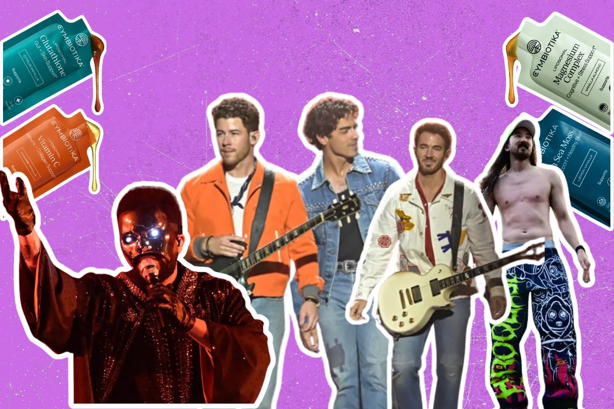 collage showing pictures of the weekend, jonas brothers, steve aoki, and cymbiotika suplements.