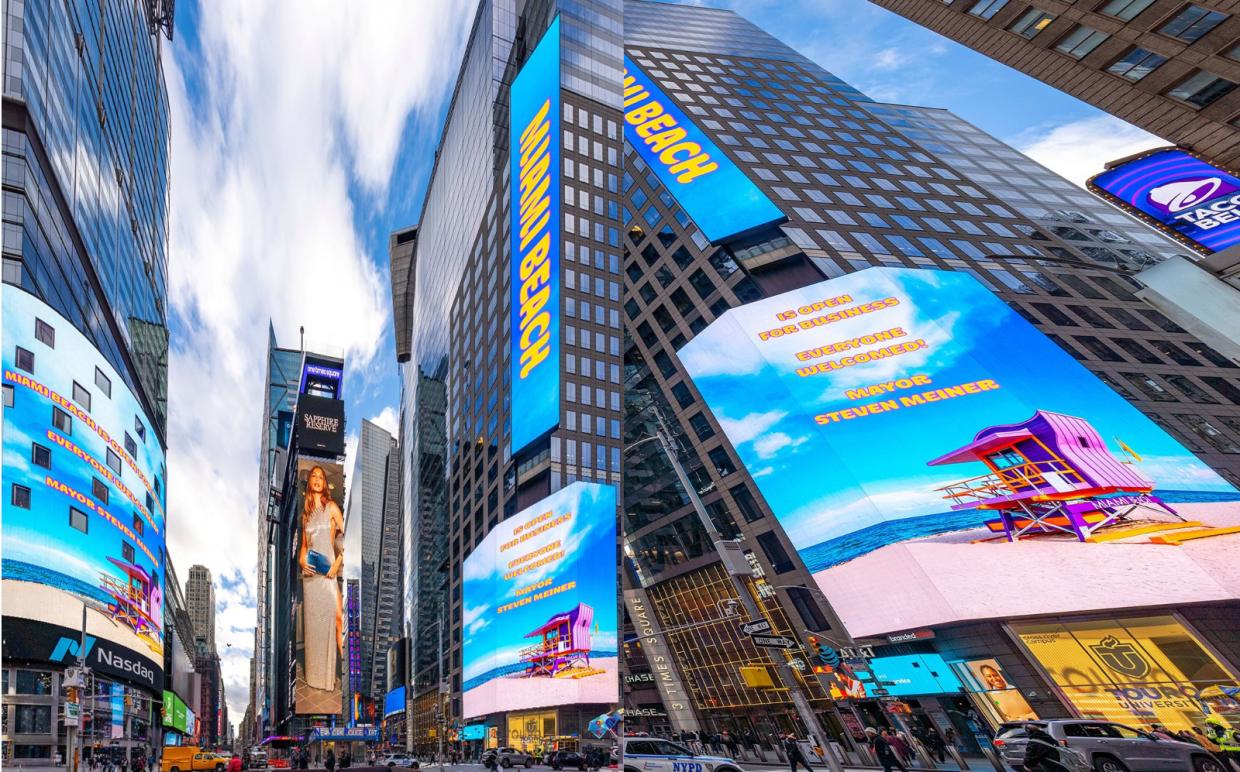 Side by side images of Miami Beach digital advertisemts in Times Square