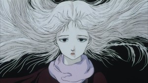 still of an anime film showing a close-up of a white-haired girl in a lavender scarf making a serious expression