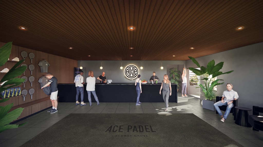 rendering of the reception area of a padel club