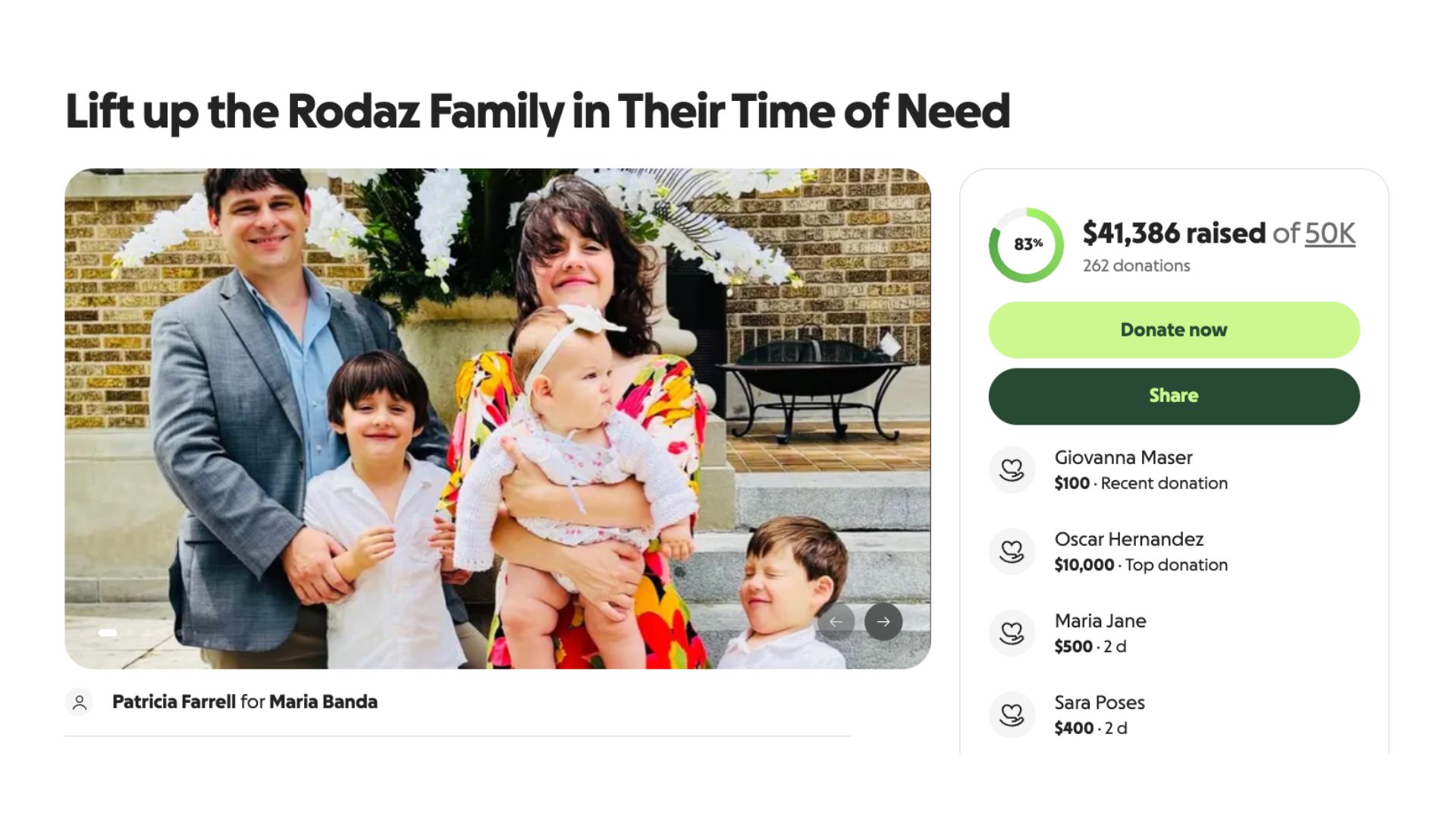 Screenshot of a GofundMe campaign featuring a family photo.