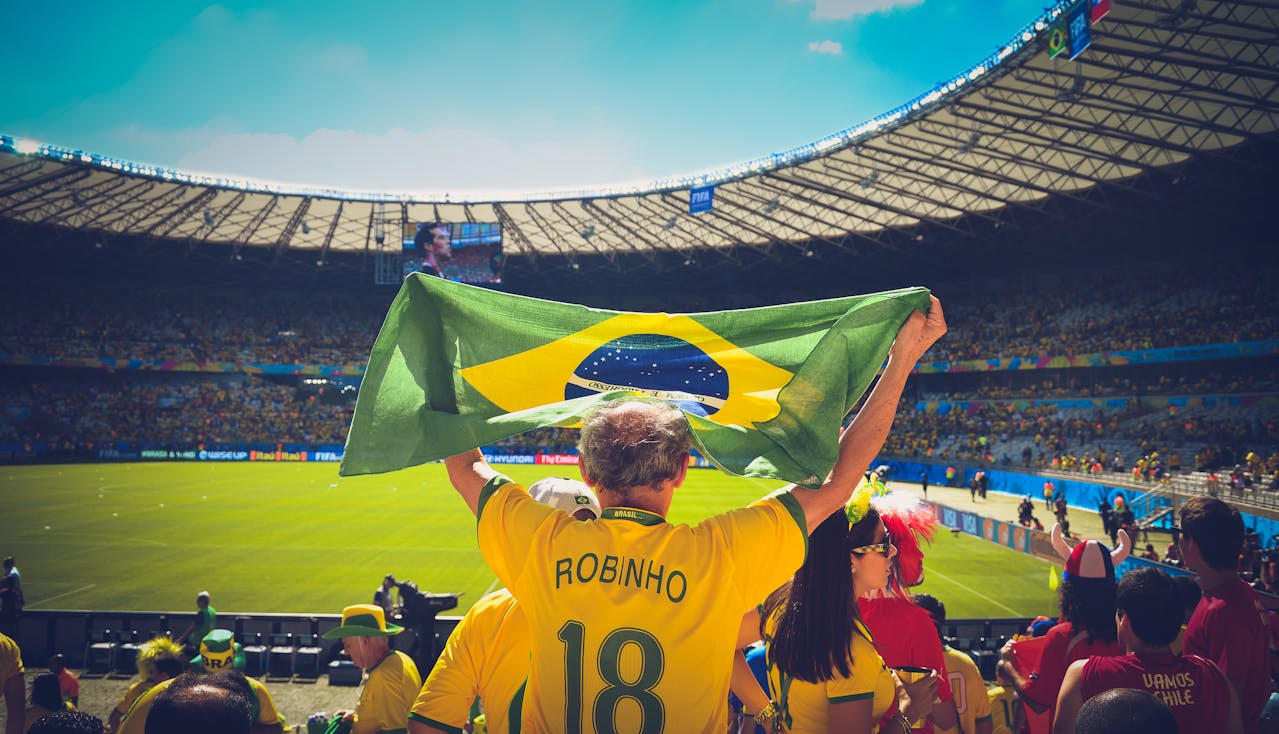 a man in a yellow soccer jersey holds a Brazilian flag as he cheers in a stadium