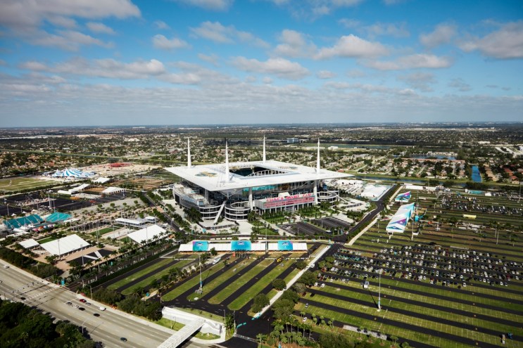 a football stadium surrounded by parking lots