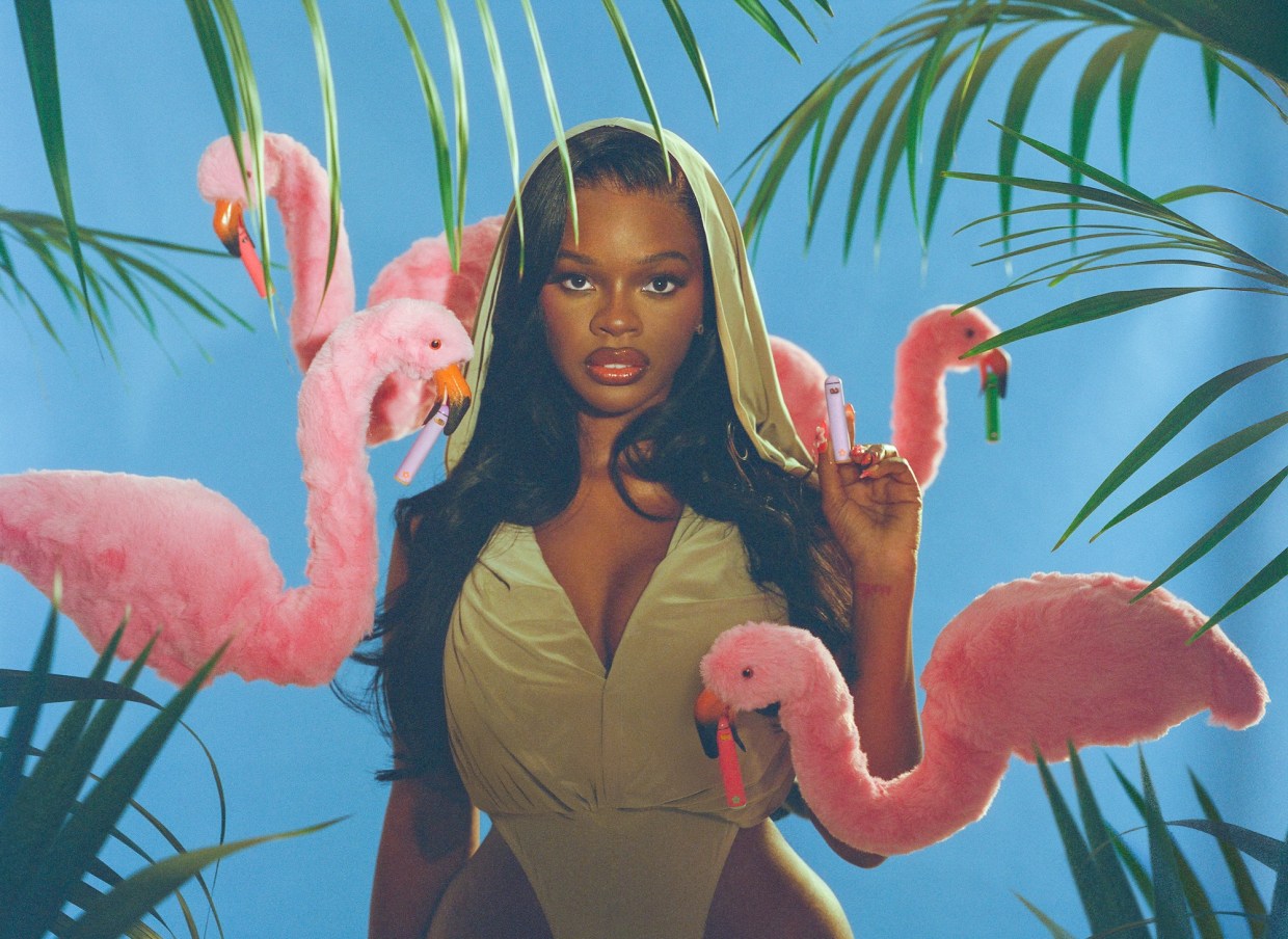 collage of a woman holding a vape and pink flamingos.