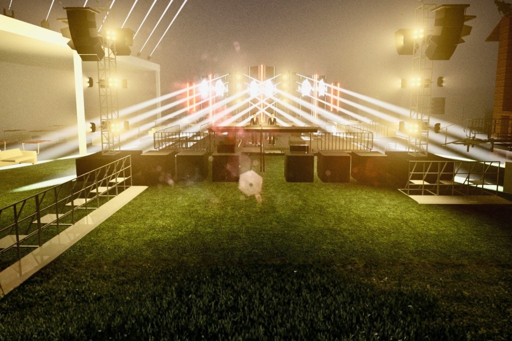 Redering showing a stage, two DJs and lazer lights.