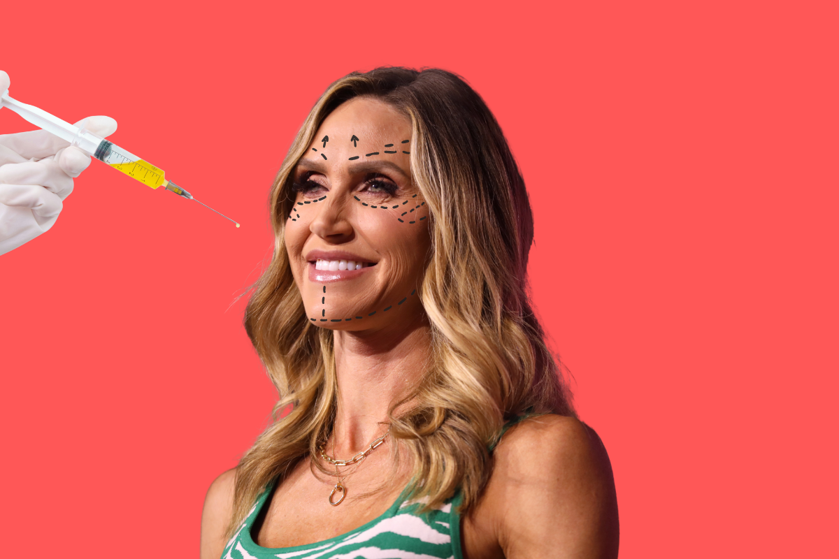 A photo of Lara Trump with plastic surgery markings on her face. The background of the photo is a salmon red and there is a gloved hand with a dripping syringe filled with yellow fluid on the left side of the photo.