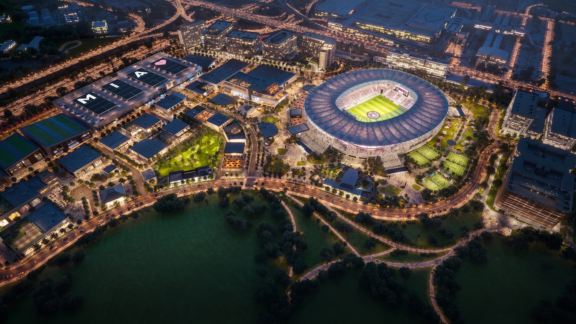 Aerial rendering of Miami Freedom Park and Inter Miami soccer stadium