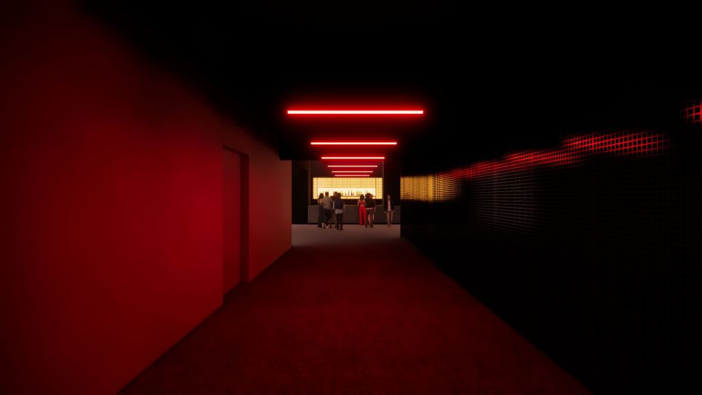 Rendering of a bar with red neon lights.