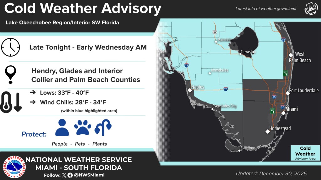 a map of South Florida shows freezing temperatures spreading Tuesday night