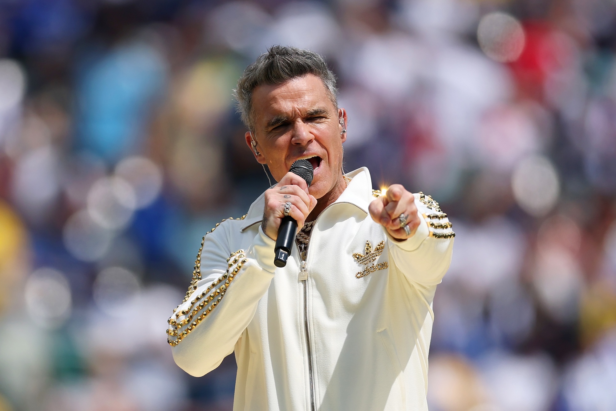 Robbie Williams performs during the Final Pre-Match Performance prior to the FIFA Club World Cup 2025 Final match between Chelsea FC and Paris Saint-Germain at MetLife Stadium on July 13, 2025 in East Rutherford, New Jersey.
