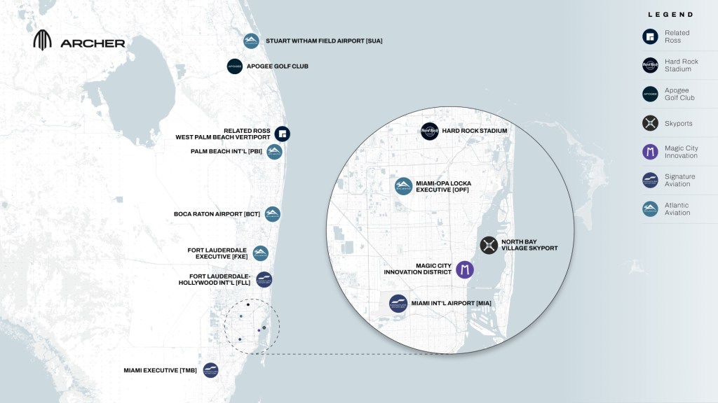 Graphic of the electric air taxis network in South Florida