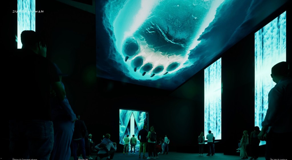 Digital rendering of people inside a museum with LED wall displays. An LED rendering of a polar bear paw displays on the ceiling.