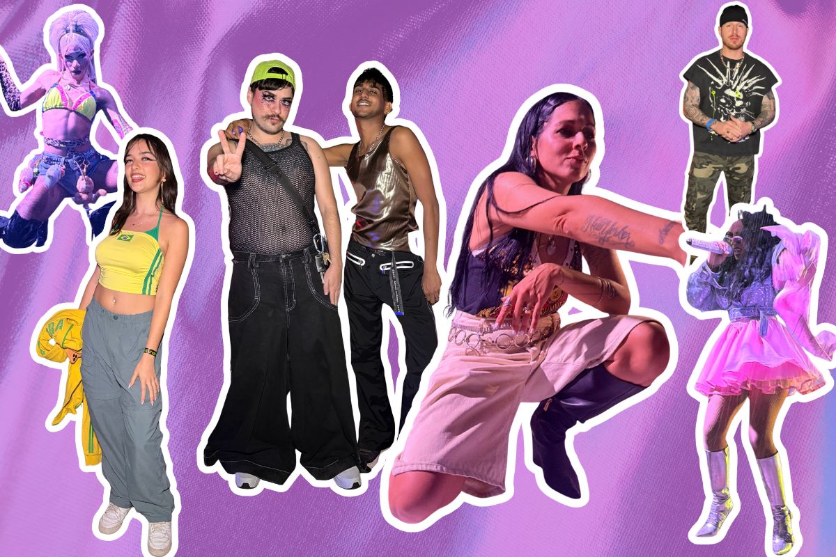 collage of people dressed following Y2K fashion against a pink background.