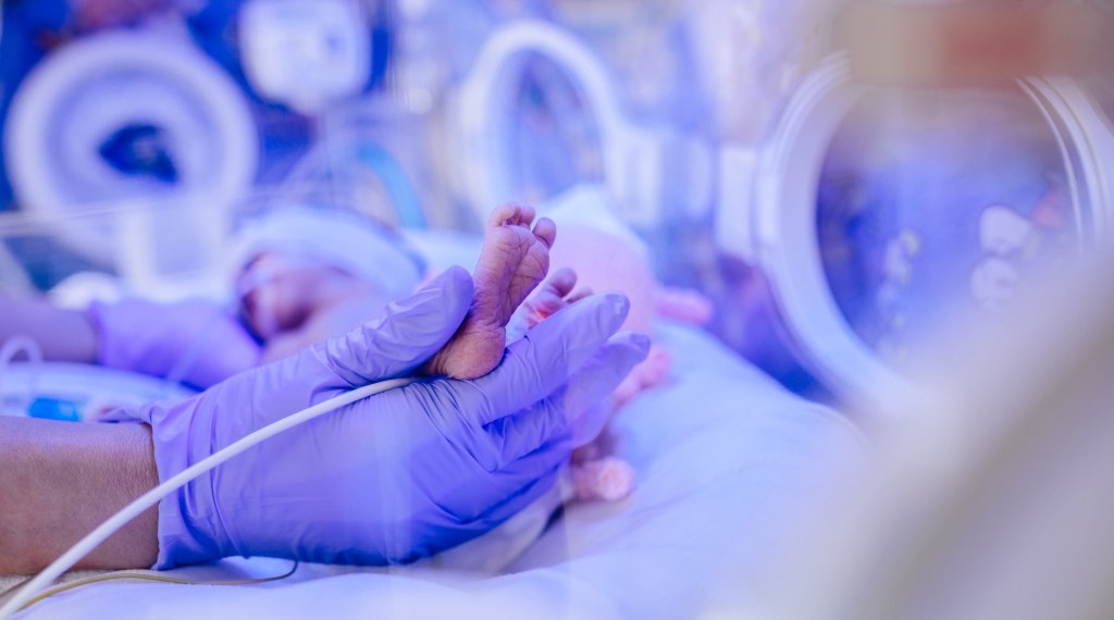 Macro photo of doctor's hands and the legs of a newborn in a medical incubator under ultraviolet lamp