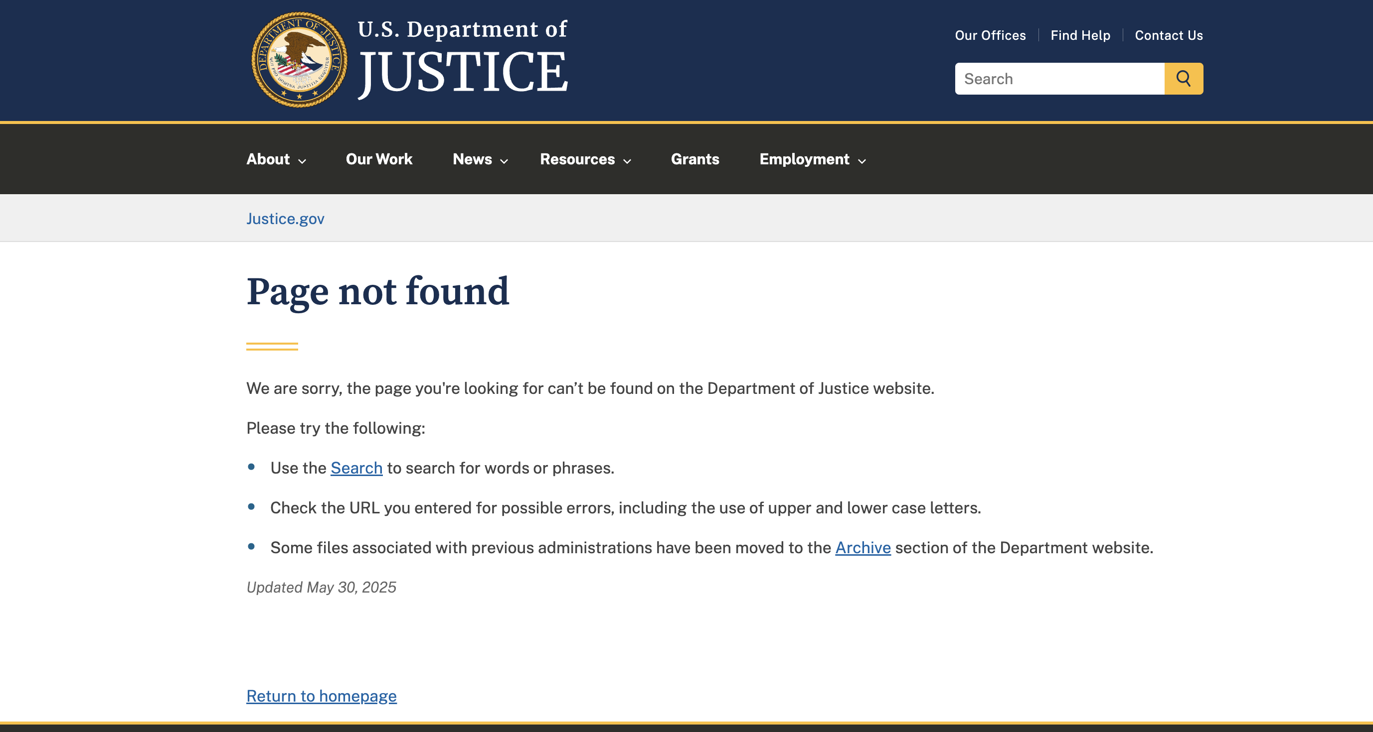 Department of Justice website page which says "Page not Found"
