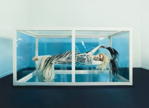 photo of a woman in a black-and-white gown laying down inside a glass, rectangular structure