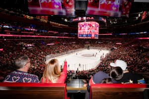 photo of a crowd looking at a hockey game from an arena suite
