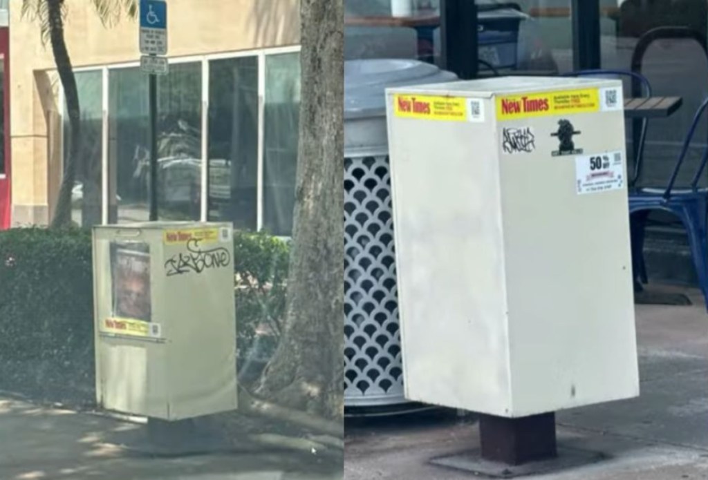 Two photos of news box stands in the city. They are zoomed in side-by-side. They are a light beige with yellow Miami New Times stickers across the top and bottom.