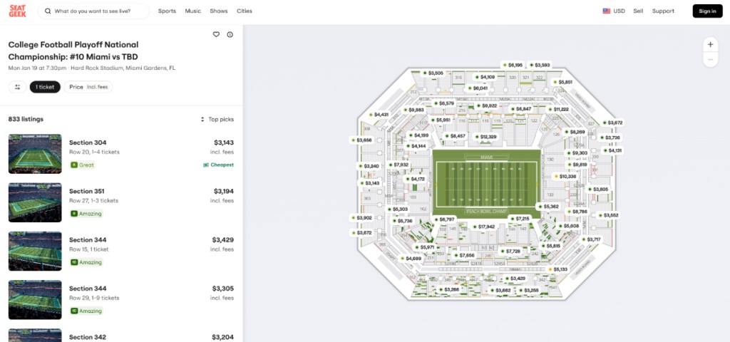 SeatGeek website showing map of Hard Rock Stadium with ticket prices