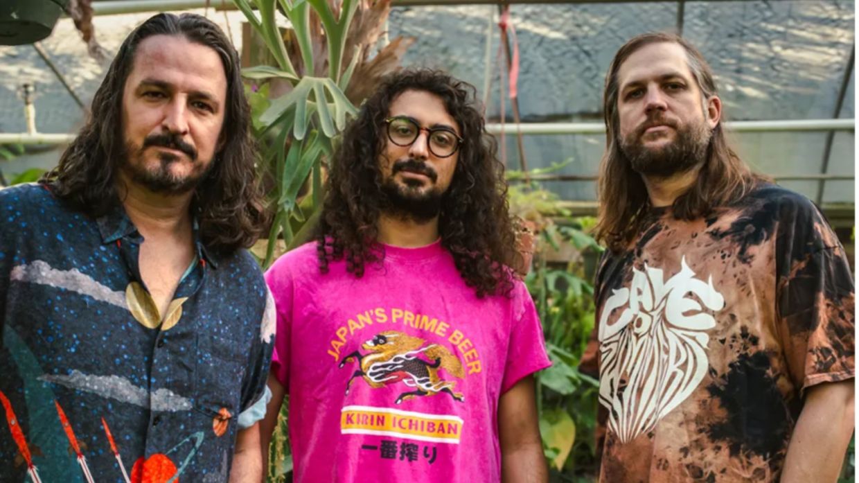 Photo of three men in a garden .