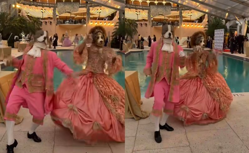 Entertainers in dog costumes and Rococo-era 18th-century European aristocratic court costumes.