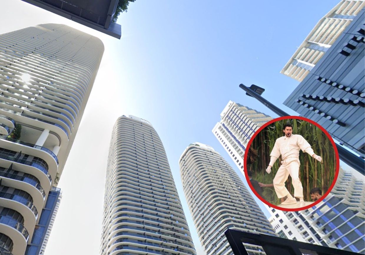 Photo of a building in brickell and another photo of Bad Bunny