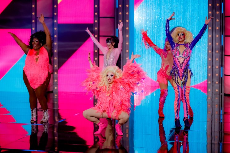 photo of drag queens in costume performing onstage on RuPaul's Drag Race