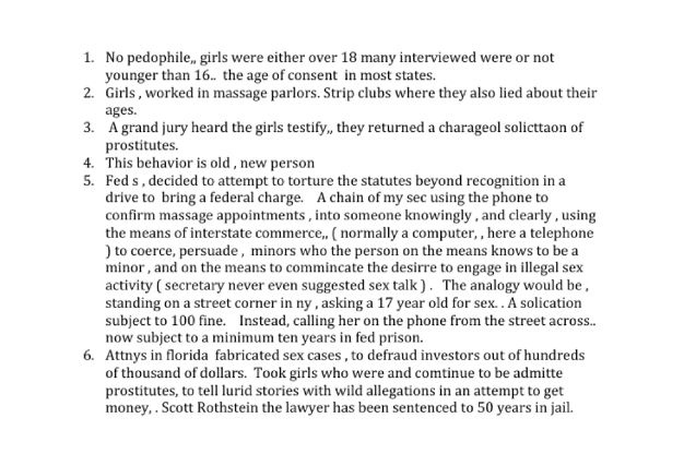 Screenshot of six talking points in the Epstein files