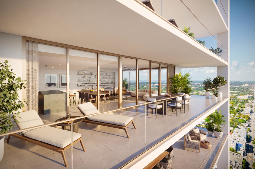 Large terrace with lounge chairs in modern building